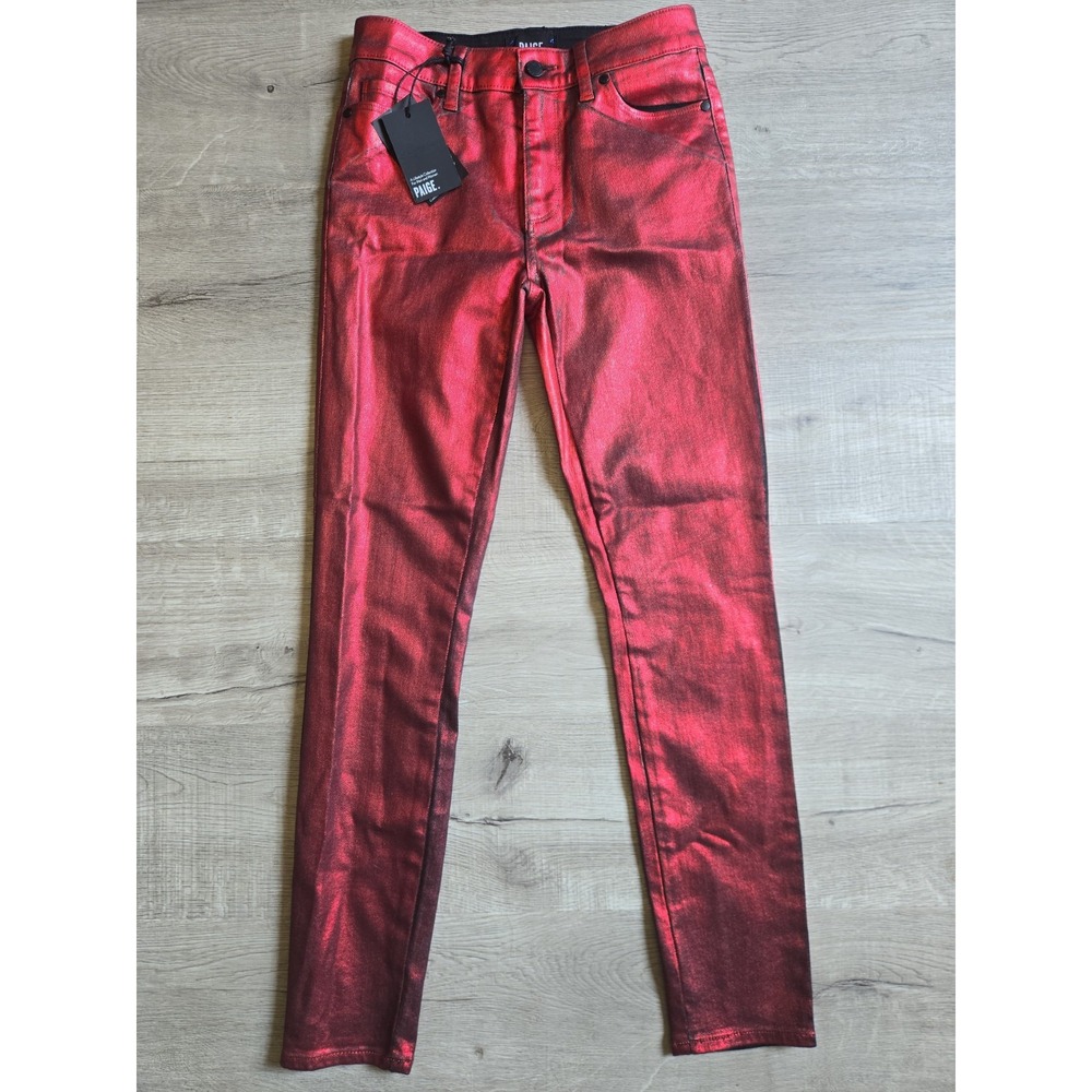 PAIGE Hoxton Ultra Skinny Coated Jeans Ruby Red Galaxy Pants Size 28 NWT